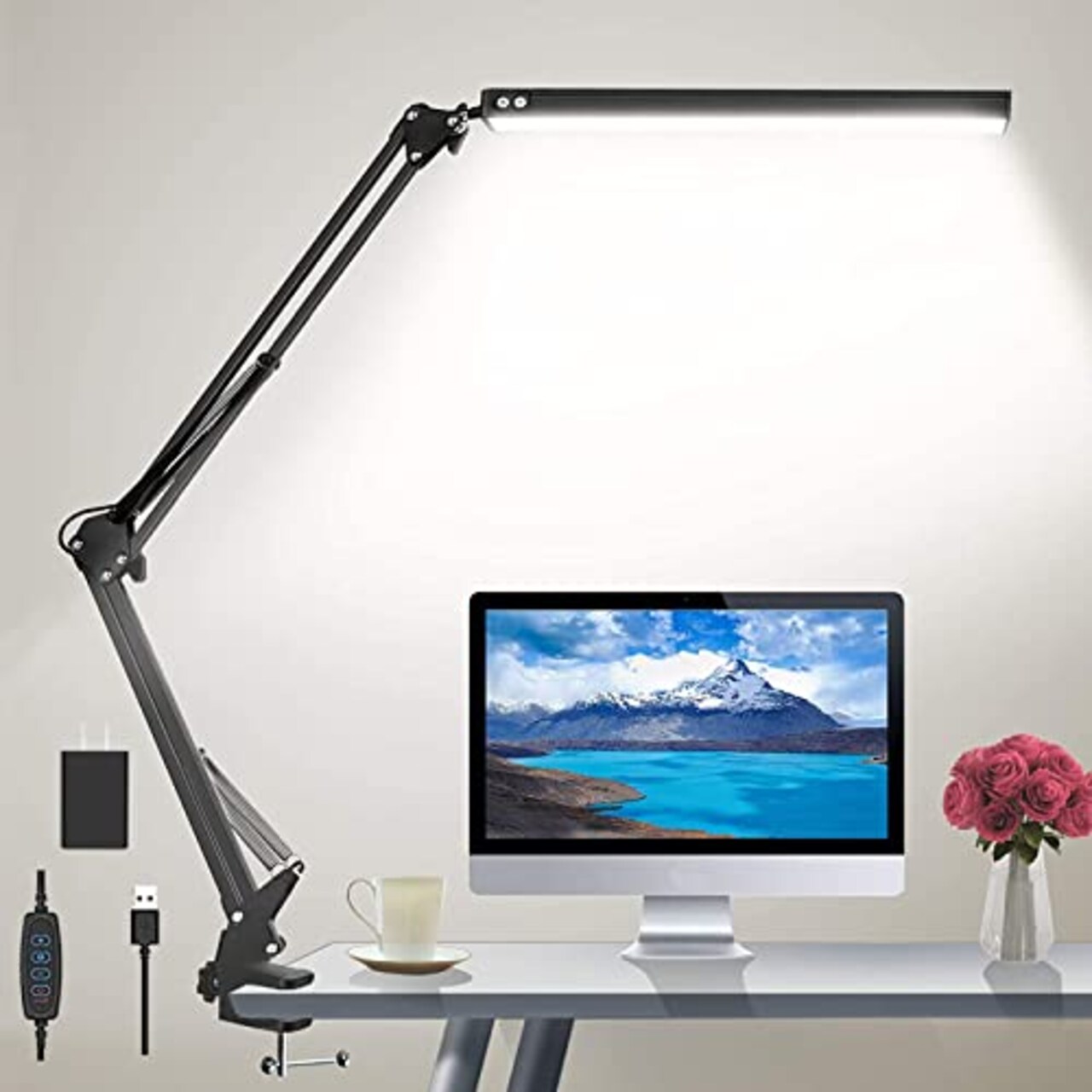 LED Desk Lamp for Home,Office,Reading,Adjustable Eye-Caring Desk Light with Clamp,Swing Arm Lamp Includes 3 Color Modes,10 Brightness Levels Table Lamps with Memory Function(Black)